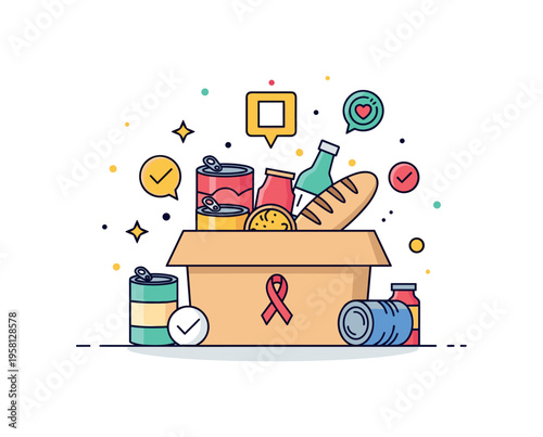 Food donation initiative depicted by a donation box filled with canned goods and bread, accented by small kindness and checkmark icons to symbolize organized