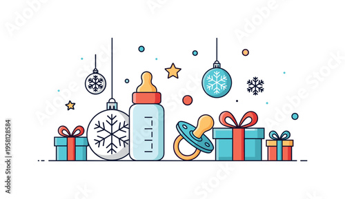 Winter baby celebration centerpiece featuring a baby bottle and pacifier placed among snowflake ornaments and wrapped presents. The sweet decorative scene