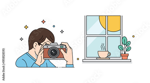 Photography capturing everyday beauty with a small camera focused on a simple coffee cup placed near a sunny window. The gentle scene celebrates the quiet