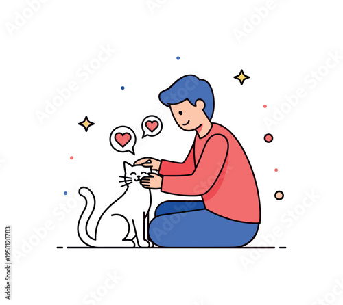Pet and owner bonding moment person sitting beside a cat while gently petting it and small heart icons emphasize trust and companionship. Warm illustration