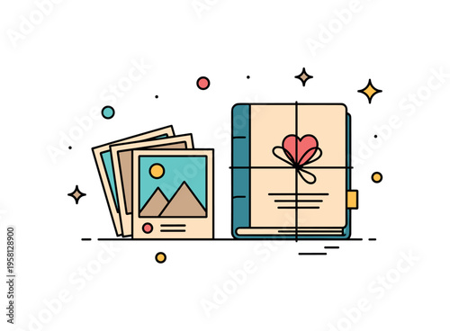 Old photo memory a small stack of retro prints and a simple album tied together by nostalgic sparkle elements suggesting sepia toned heritage and preserved