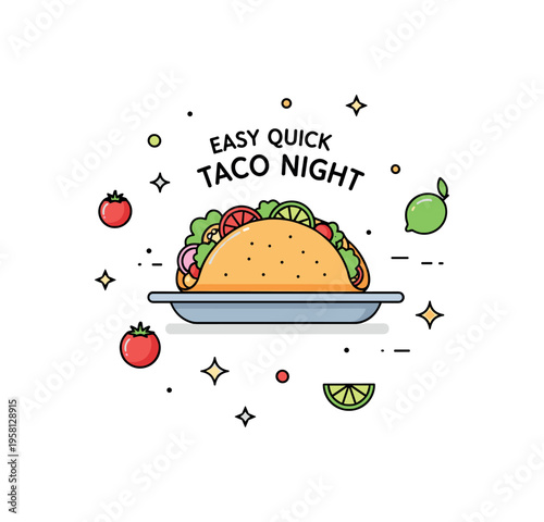 Easy taco night dinner small plate with tacos filled with vegetables and toppings surrounded by tiny ingredient icons like tomato and lime. The scene