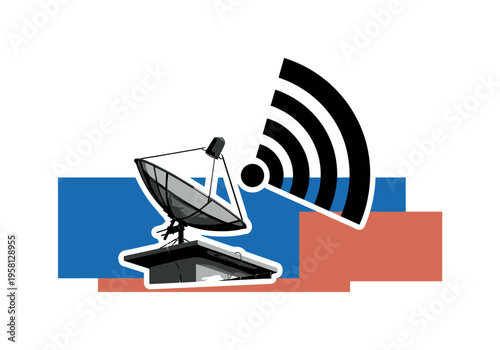 Black and white satellite dish mounted on a rooftop, bold geometric arcs radiating outward like communication signals, flat rectangular color blocks grounding