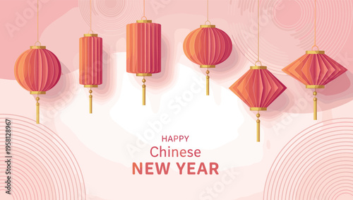 Happy Chinese New Year greeting card with hanging red lanterns and decorative patterns on soft background for festive celebration design