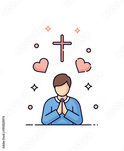 Faithful intercession calm praying figure while a glowing cross and soft heart icons hover above representing spiritual guidance and care. The composition