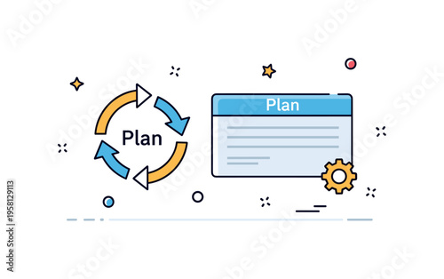 Flexible subscription plan concept showing a simple pricing card labeled ?Plan? beside circular arrows and a small gear icon. The scene suggests customizable
