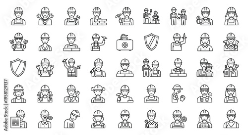 Diverse group of construction workers illustrated as simple line icons
