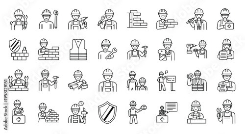 Diverse construction workers and related icons in a linear style