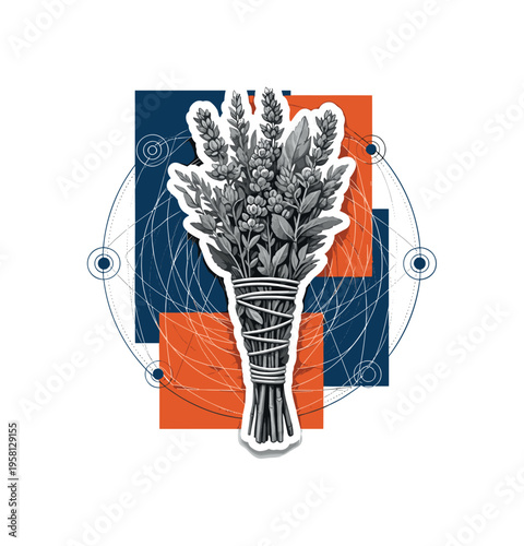 black and white realistic bundle of magical herbs tied with string, white cut-out outline around the herbs, layered geometric circles and thin mystical lines