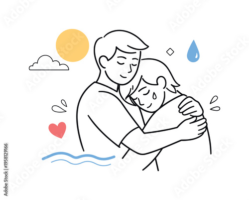 Comfort in loss. One person embracing another who is leaning inward, shoulders lowered, quiet emotional release. Subtle tear-like shapes and calm flowing lines