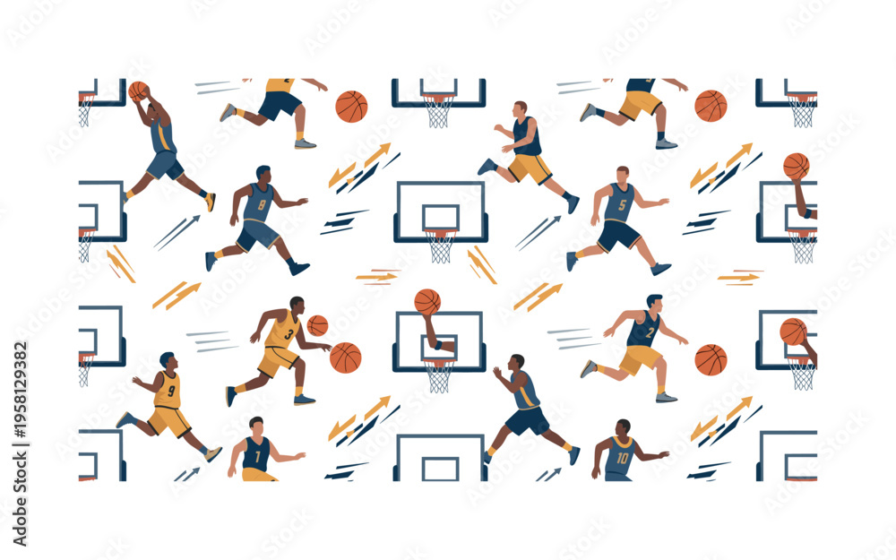 Fototapeta premium Basketball fast break dunk seamless pattern, players sprinting down the court finishing fast break dunks with hoops basketballs and motion arrows arranged in a