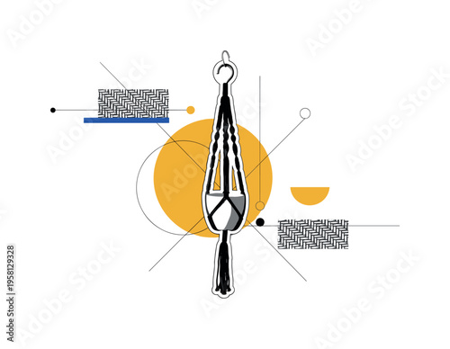 conceptual macrame decor collage with a black and white knotted rope plant hanger suspended from a simple hook, white cut-out outline effect around the cords