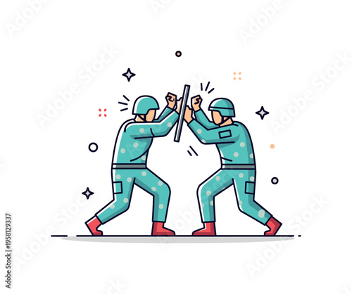 Frontline struggle between soldiers two combatants engaged in physical confrontation with raised arms and defensive posture, expressing the tension of close