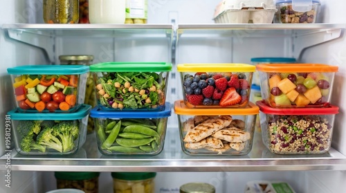 Glass containers with healthy food inside refrigerator. Meal prep with fresh vegetables, fruit, chicken and salad for nutrition planning. Balanced diet and healthy eating lifestyle concept.