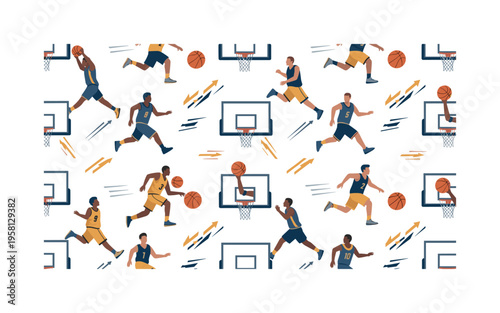 Basketball fast break dunk seamless pattern, players sprinting down the court finishing fast break dunks with hoops basketballs and motion arrows arranged in a