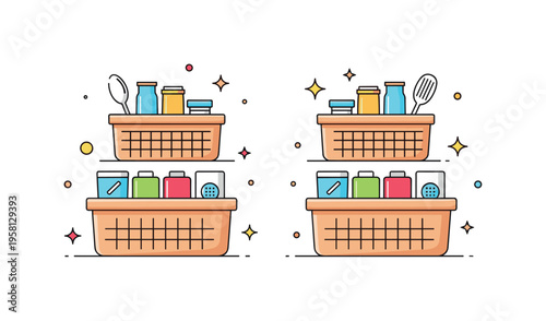 Clean kitchen aesthetic built around symmetrical stacked baskets with evenly arranged items, accented by small shine icons to suggest neatness and hygiene. The