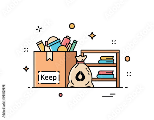Decluttering and organizing theme featuring a box labeled Keep beside a small donation bag and tidy shelf icon, symbolizing mindful sorting and refreshed