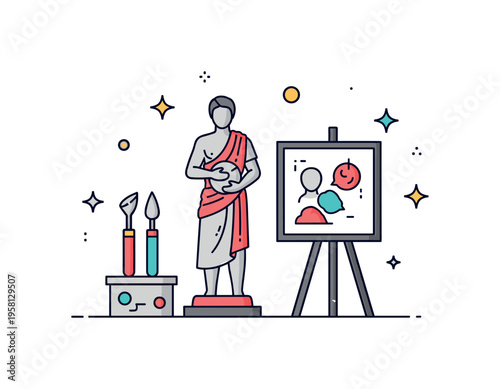 Sculpture creative studio statue with sculpting tools beside a small unfinished artwork representing the process of artistic creation. Decorative sparkles
