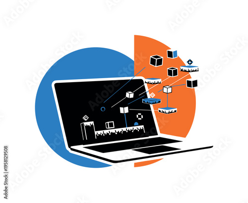 laptop with an indie game scene emerging from the screen, black and white cut-out device with white outline, bold blue circle and orange semicircle behind the