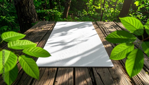 Minimalist white yoga mat on rustic wooden deck in sunlit forest for meditation concept