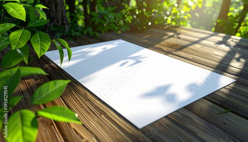 Clean white meditation mat on timber platform surrounded by lush green leaves in nature