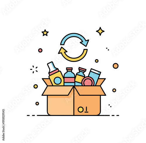 Curated subscription box experience centered on a small open package filled with simple product icons and a circular refresh symbol above. The cheerful scene
