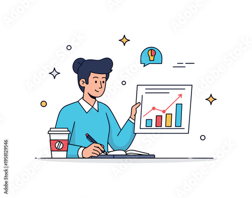 A marketing professional reviewing growth charts with a coffee cup nearby, highlighting focus, analytical thinking, and the evaluation of campaign results.