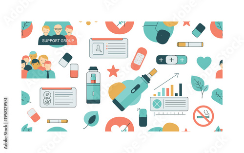 smoking reduction programs seamless pattern, support groups, nicotine gums, patches, e-cigarettes, motivational charts and health icons arranged in a repeating