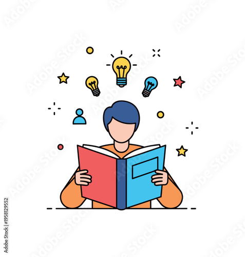 Learning through reading represented by a person studying an open book while small lightbulb icons and stars float above. The composition highlights curiosity,