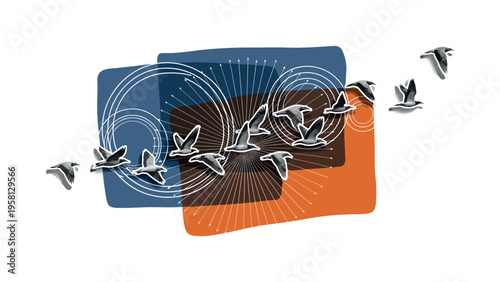 black and white realistic flock of birds flying in formation representing incredible animal migrations, white cut-out outline around the birds, layered