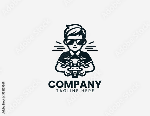 Young child with sunglasses operating drone in clean modern black vector logo illustration style