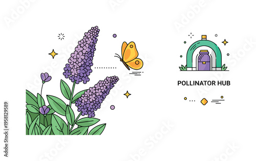 Garden pollination moment featuring a vibrant butterfly bush with soft purple blossoms and a single bright butterfly landing gently. Subtle dotted accents and