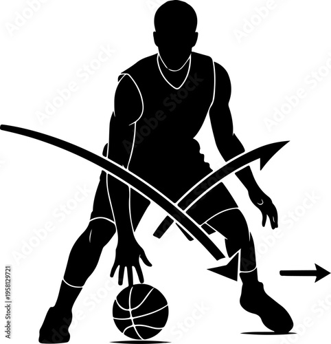 Vector silhouette of a basketball player dribbling