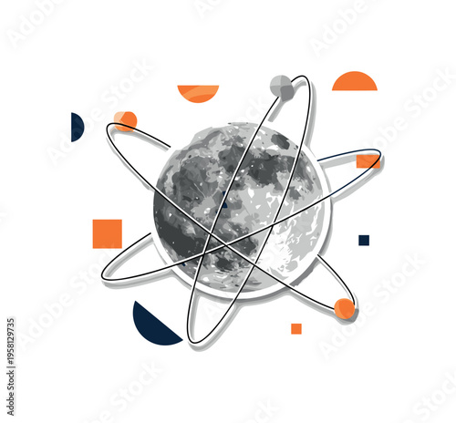 retro collage of a large moon intersecting with geometric orbital rings, monochrome realistic lunar texture with white cut-out outline, floating abstract