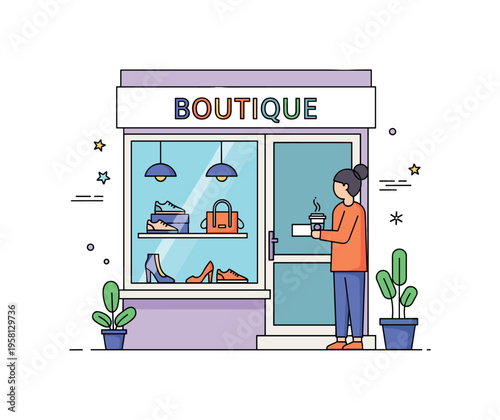 Window shopping in a boutique small storefront with a bright window display of shoes and accessories while a person stands outside holding a coffee cup and