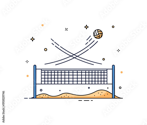 Seaside volleyball rally theme featuring a curved ball trajectory line crossing above a minimal net with subtle sand texture accents, expressing dynamic play