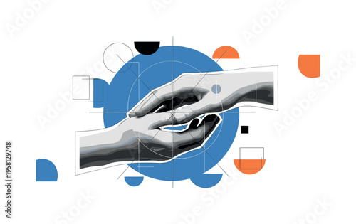 black and white human hands touching softly symbolizing support and healing connection, large blue circle behind the hands creating a calm focal point, thin