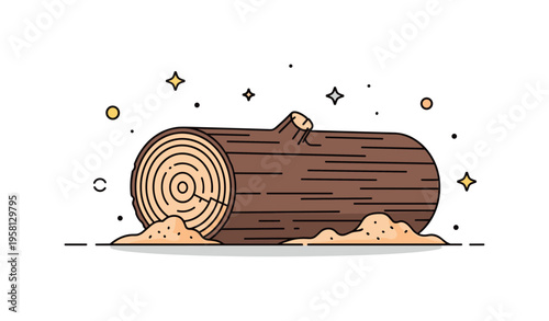 Fresh cut timber scene wooden log segment with a light layer of sawdust at its base and visible growth rings, symbolizing transformation from raw resource to
