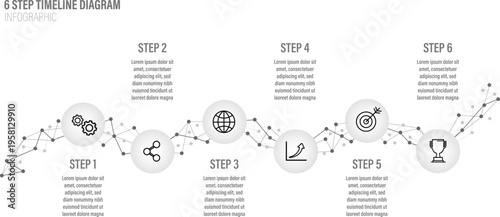 A modern 6-step horizontal timeline featuring gray gradient circles, minimalist icons, and a decorative digital data mesh background.