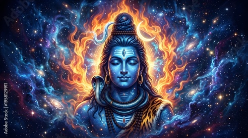 Vibrant digital artwork of Lord Shiva in cosmic background