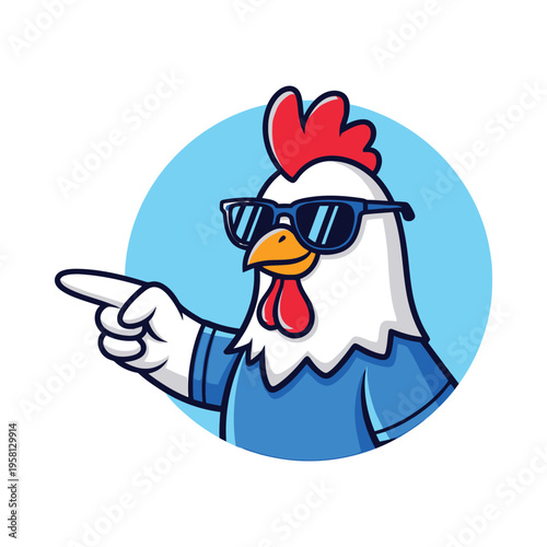 Stylish rooster pointing forward with trendy sunglasses and casual attire