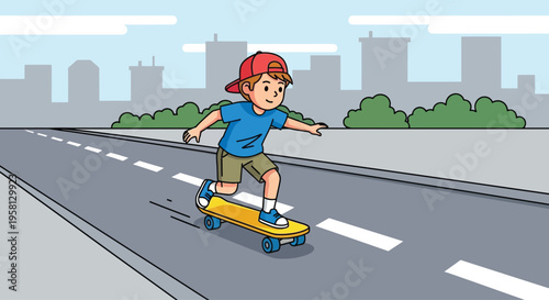 Young boy riding skateboard on road.