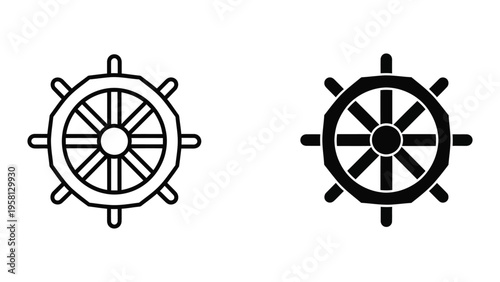 two vintage ship steering wheels flat design vector illustration
