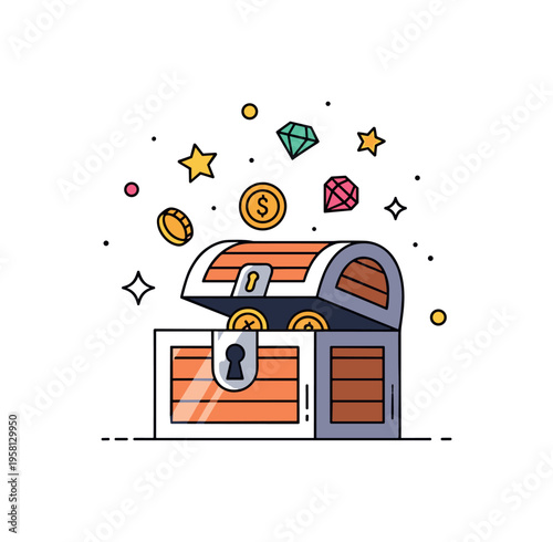 Game prize chest a shiny loot chest with a keyhole slightly open while glowing stars coins and gem icons float above it suggesting rare digital rewards and