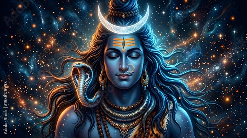 Divine depiction of Lord Shiva with cosmic background and serene expression