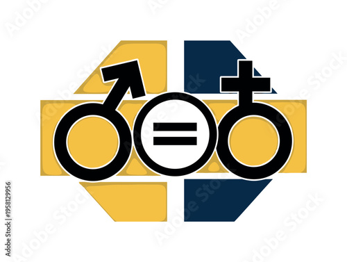 A monochrome balanced composition of male and female symbols simplified into bold geometric shapes, central overlapping circle representing equality, flat