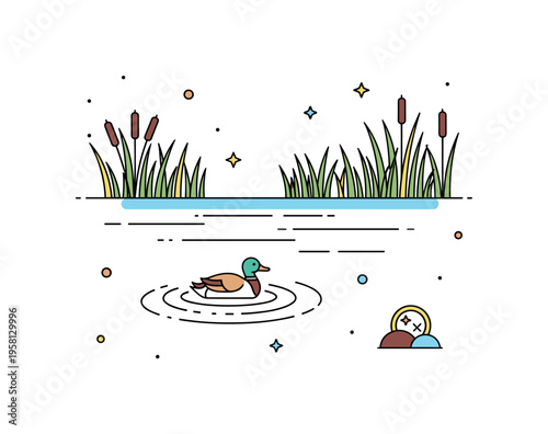 Lake wildlife scene simple lake with reeds where a small duck swims gently across the water leaving light ripple lines behind. The composition represents