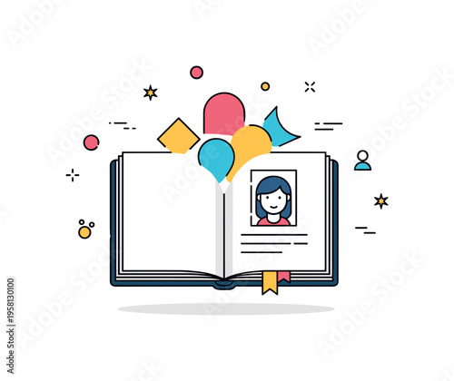 Creative identity concept centered on an open sketchbook with a small portrait drawing and colorful shapes emerging from the page. The scene reflects how