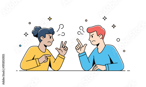 Minor fight between friends illustrated by two characters with expressive hand gestures and small scattered decorative stars, conveying emotional tension while