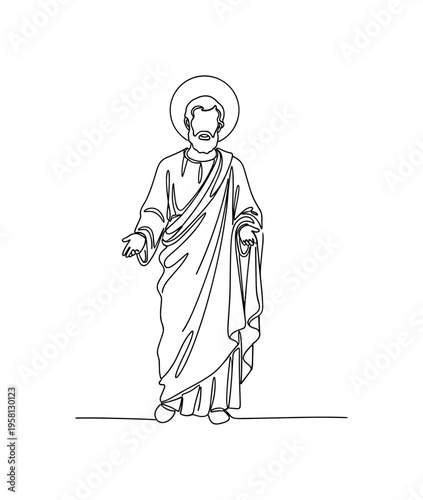 Saint Peter Standing. Minimalistic one-line drawing Saint Peter standing with flowing robes and halo above head, continuous single black line on